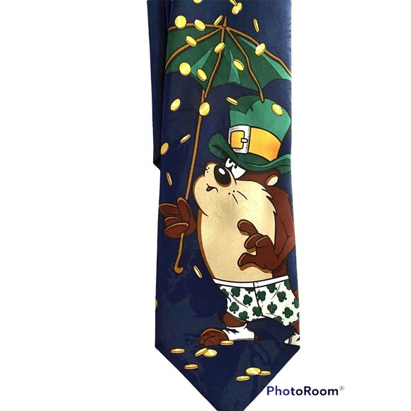 Looney Tunes Taz Tie  Shamrock Shorts  Coins Navy Blue Polyester Novelty Necktie - Picture 6 of 6